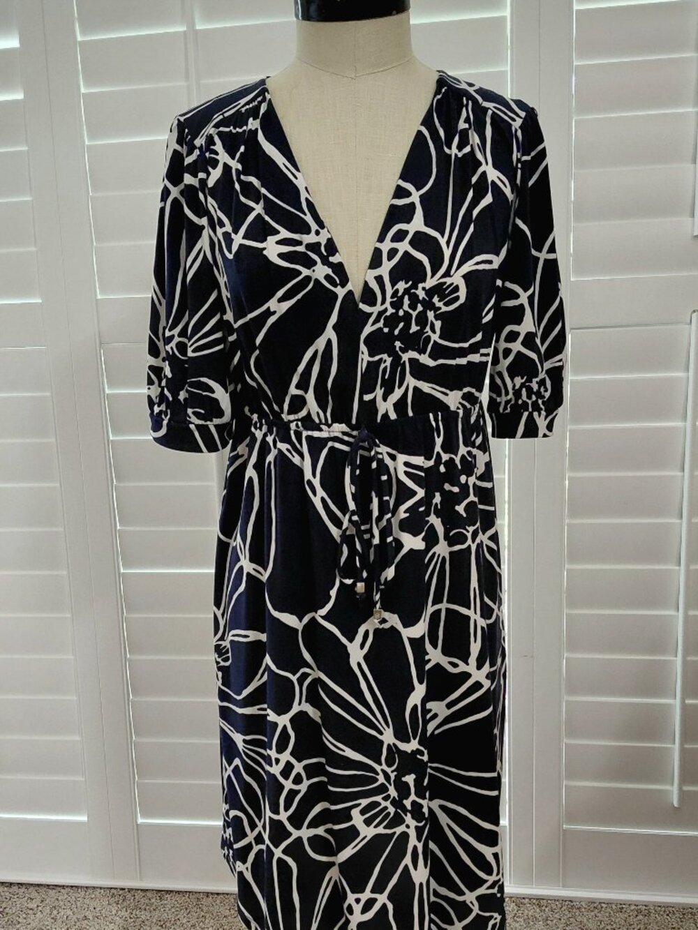 Michael Kors Navy Blue and White Abstract Floral  Dress, Size Large
